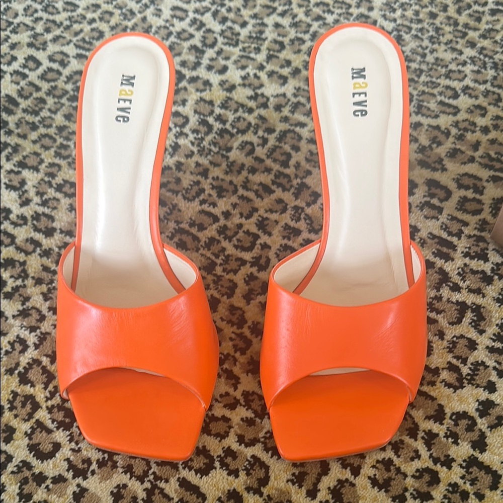 Maeve Orange Mules with Wide Strap and Low Heel